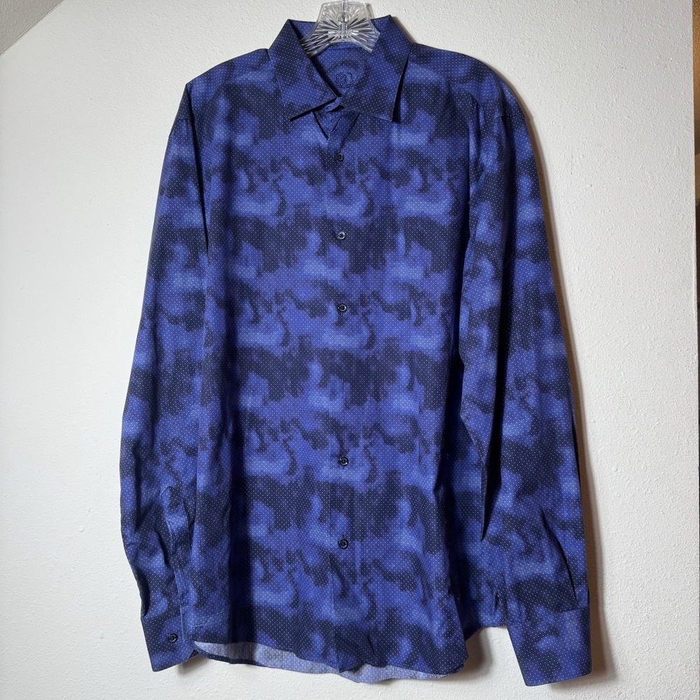 Bugatchi Uomo Men's Blue Abstract Print Button Shirt 100% Cotton L/XL